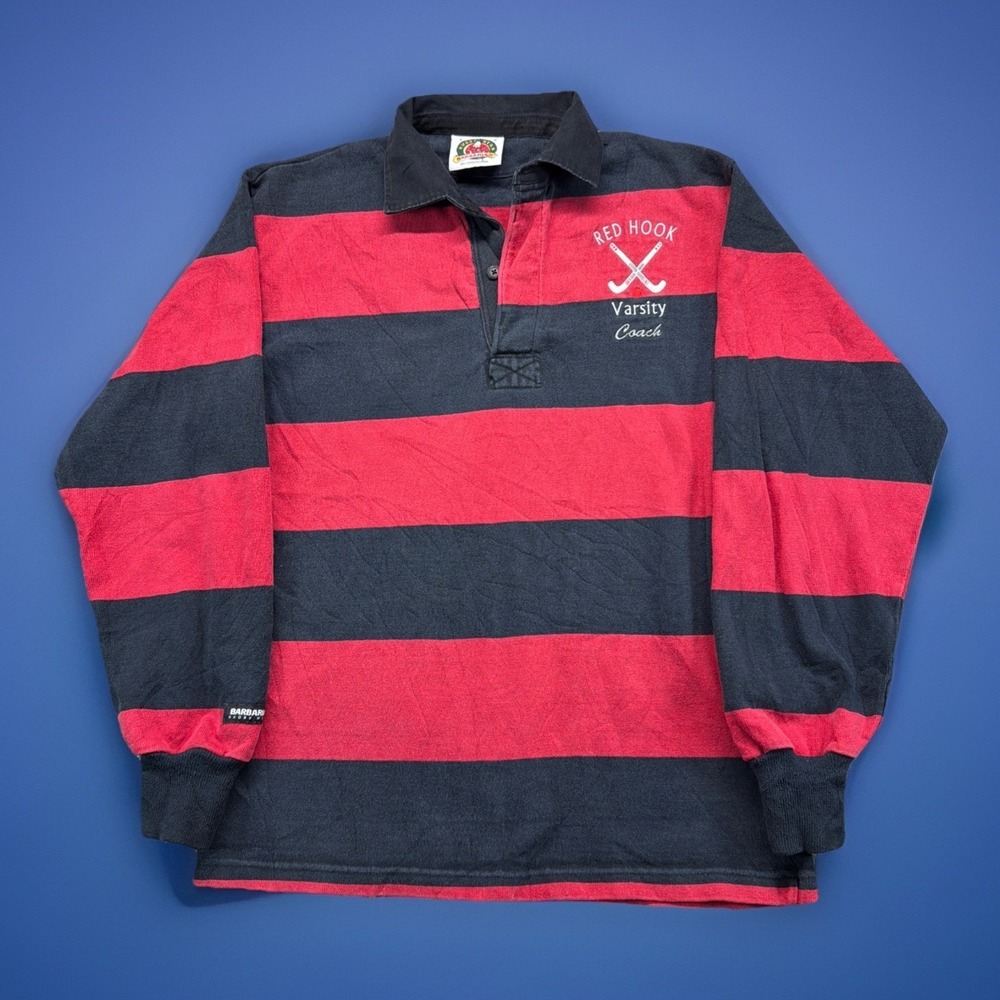 VTG Barbarian Red Gray Striped Long Sleeve Rugby Wear‎ Polo Shirt Mens Small